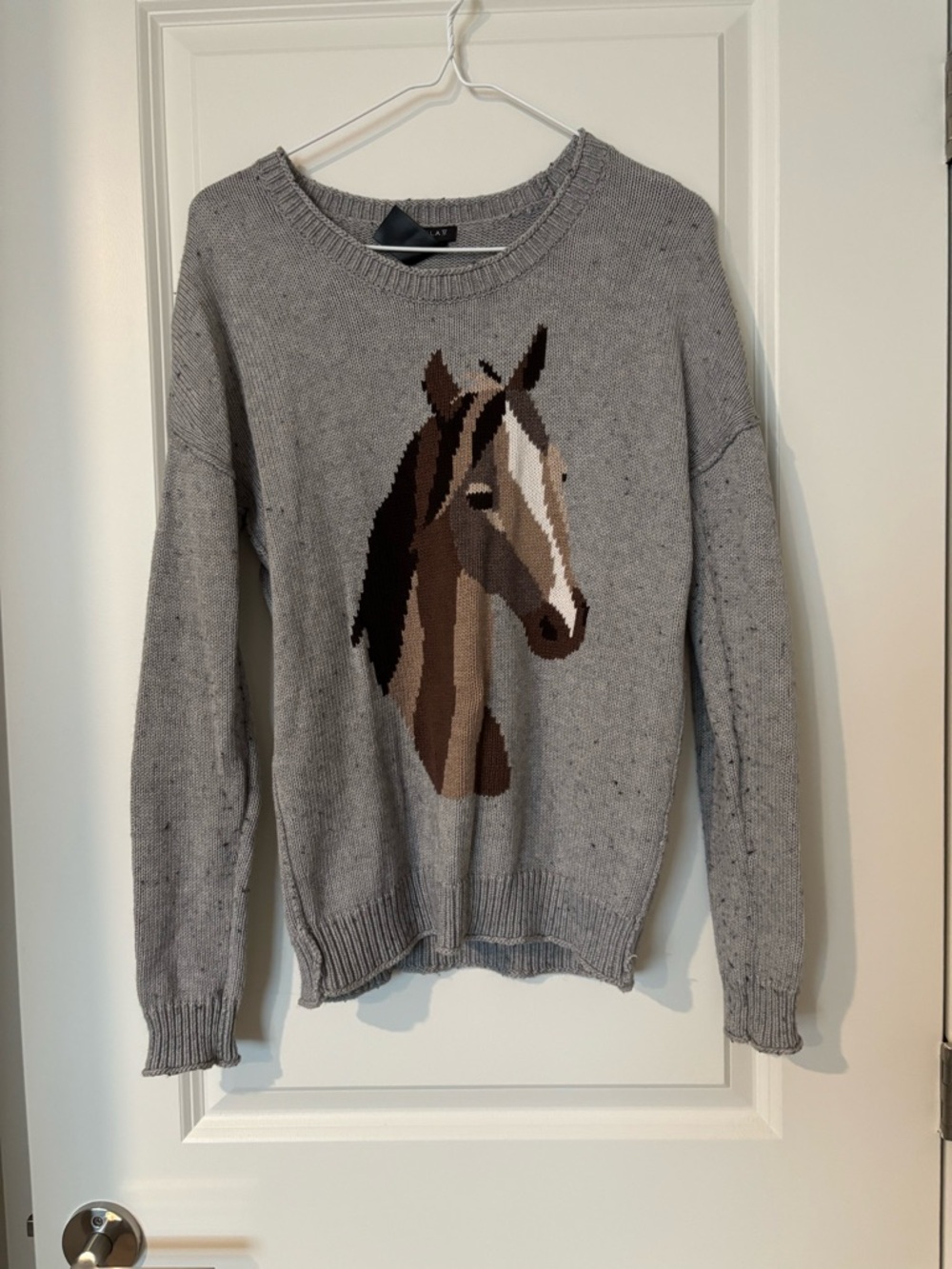 Talula Gray Crewneck Sweater with Horse Intarsia